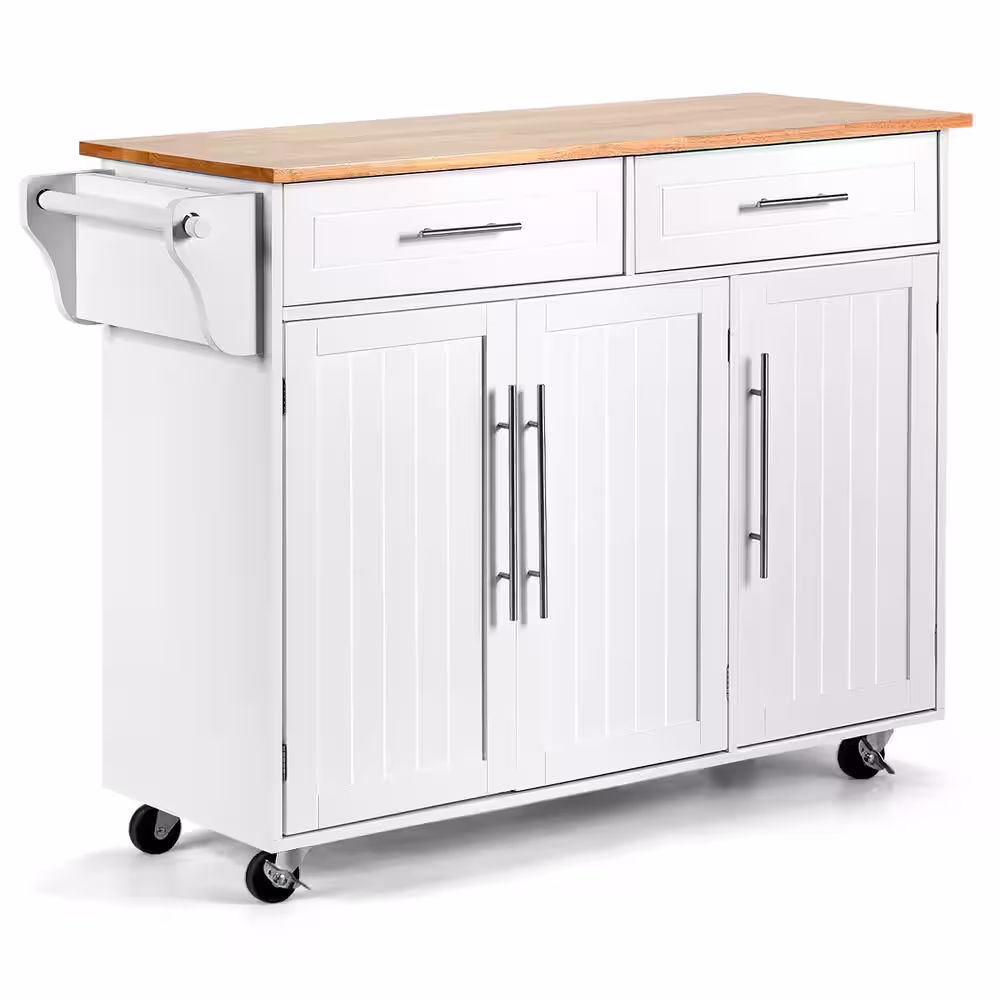 Costway 48 in. White Rolling Kitchen Island Cart with Natural Wood Top and Knife Block