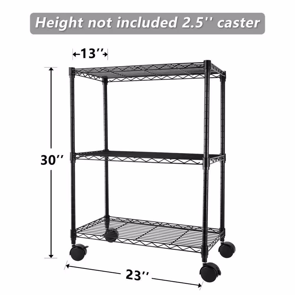 None Black Steel Heavy Duty 3-Shelf Shelving with Wheels, Adjustable Storage Units(23 in. W x 33 in. H x 13 in. D)