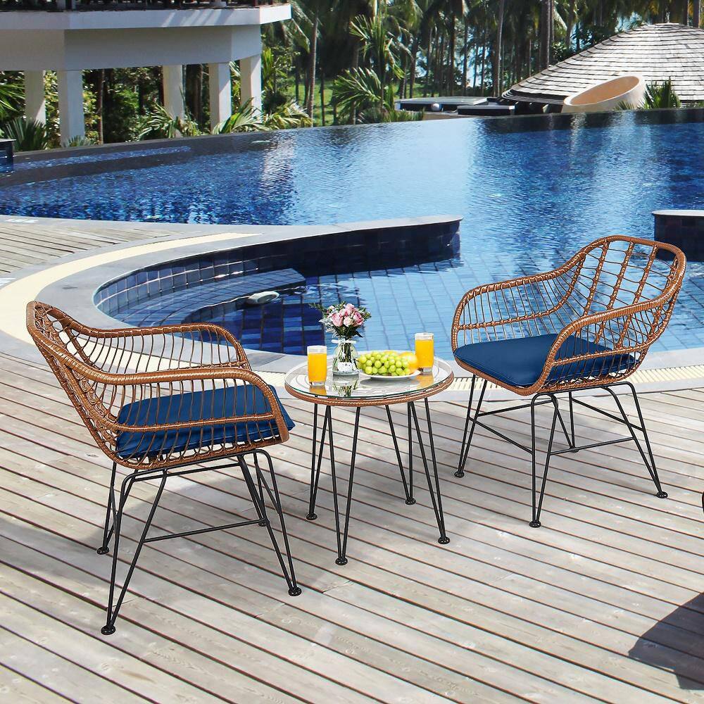 Costway 3-Piece Wicker Outdoor Bistro Set Coffee Table Armchair Garden with Navy Cushion