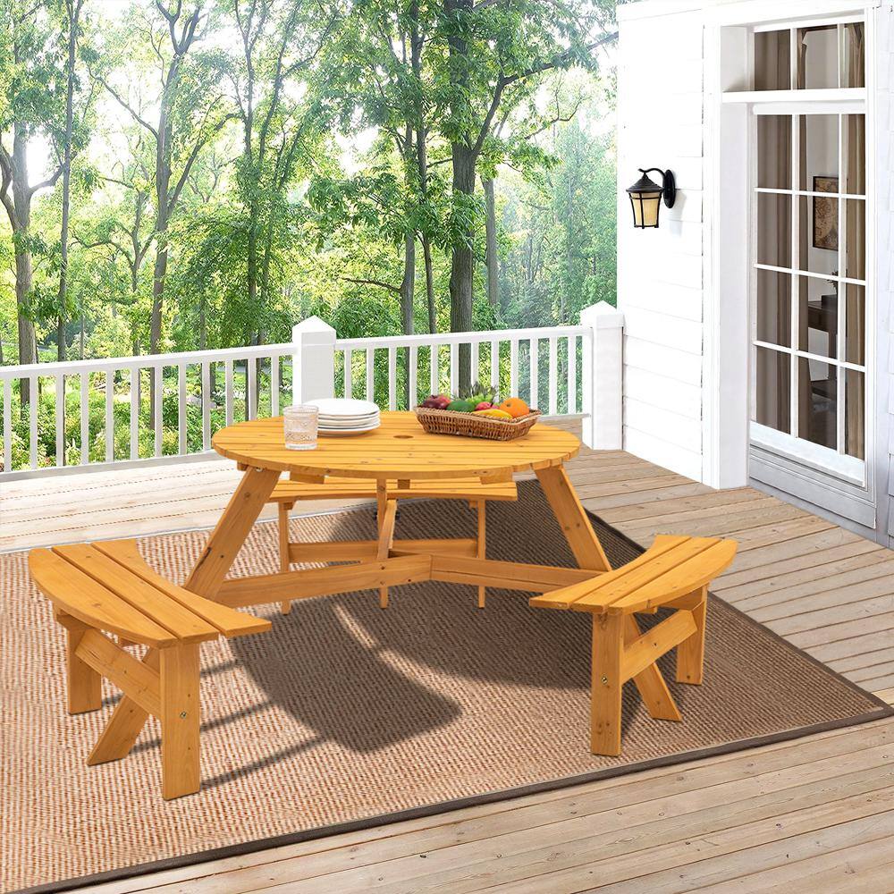 Tatayosi Natural Color 6-Person Round Wooden Outdoor Patio Garden Picnic Table with 3 Bench
