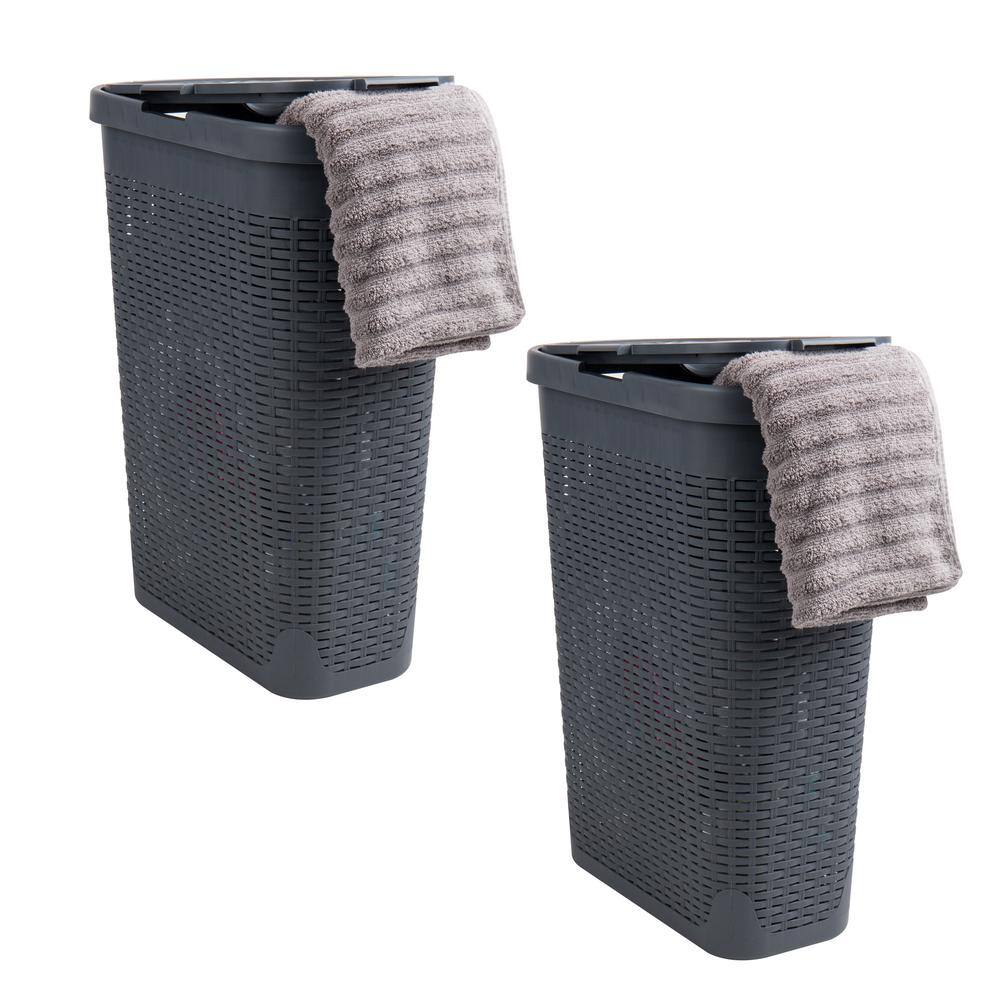Mind Reader Basket Collection, Slim Laundry Hamper, 40 Liter Cut Out Handles, Attached Hinged Lid, Ventilated, Set of 2, Gray