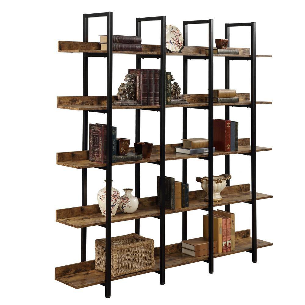 Siavonce 11.81 in. W x 70.87 in. H x 70.87 in. D Brown 5 Tier Metal Frame Bookcase Home Office Open MDF Board Bookshelf