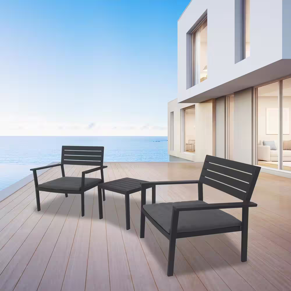None 3-Piece Black Stackable Elegant Metal Patio Outdoor Dining Chair Set with Grey Cushions