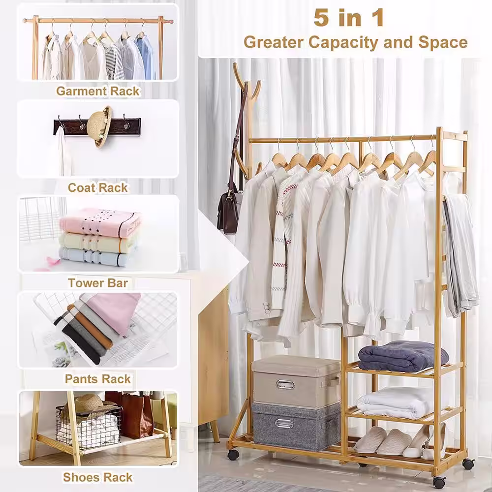 None Natural Bamboo Garment Clothes Rack with Shelves 39.4 in. W x 60 in. H