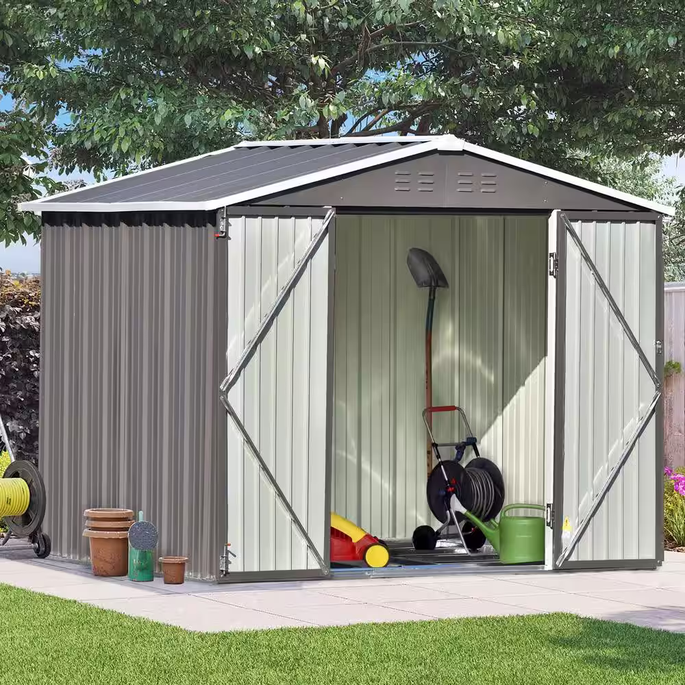 Mondawe Happy 8 ft. W x 6 ft. D Utility Lawn Galvanized Metal Storage Shed Double Doors with Lock in Brown (44 sq. ft.)