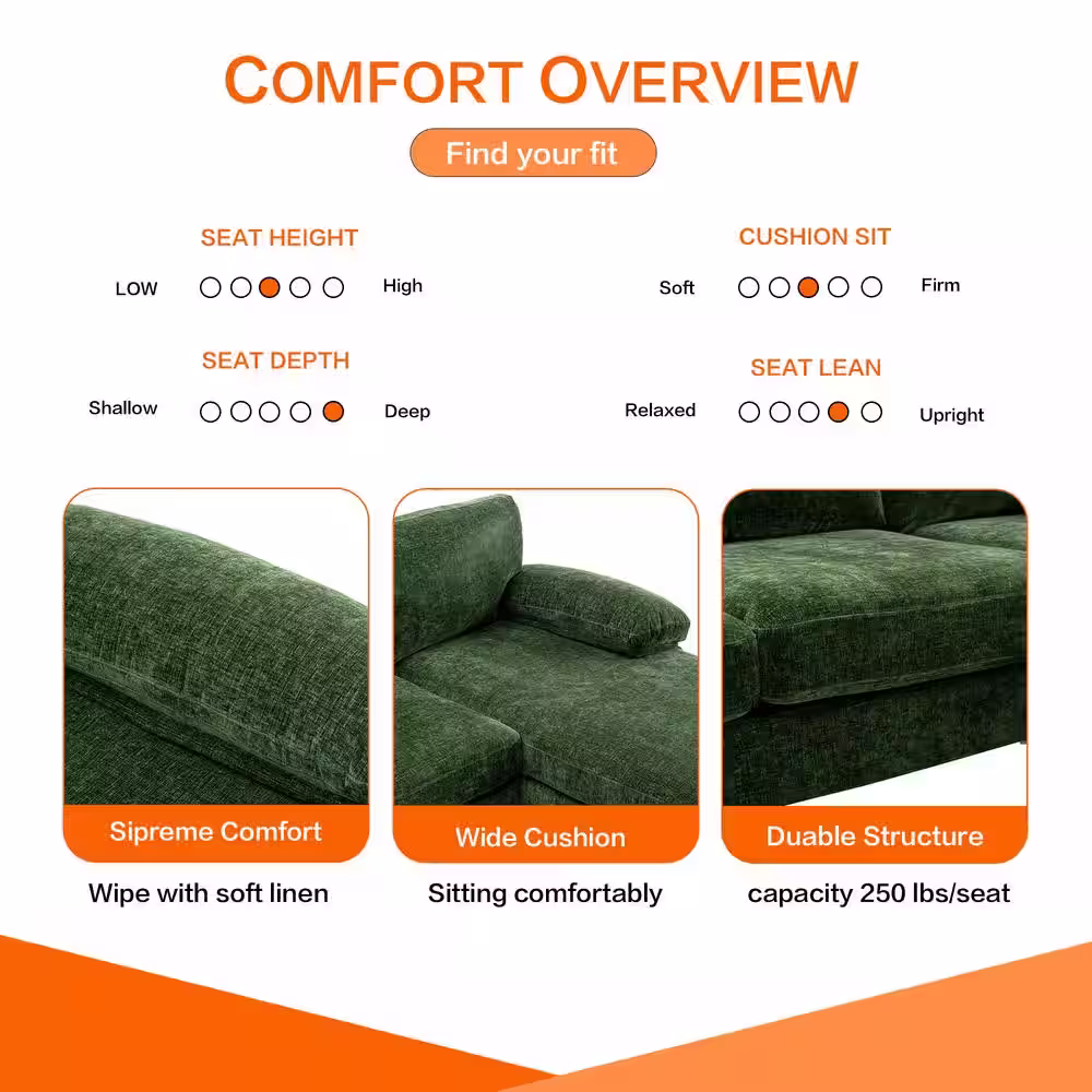 HOMEFUN 110 in W Green 4-piece U Shaped Fabric Modern Sectional Sofa with 2 Arms and Golden Metal Legs