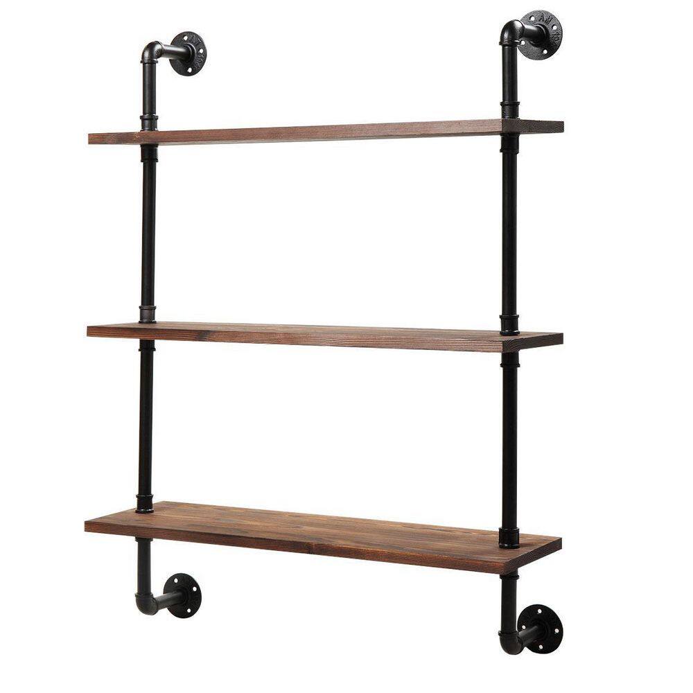 None 3-Tier Rustic Brown Industrial Wall-Mounted Pipe Shelf with Metal Frame Safe and Sturdy