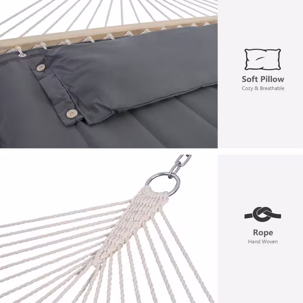 Atesun 12 ft. Free Standing, 475 lbs. Capacity, Heavy-Duty 2-Person Hammock with Stand and Detachable Pillow in Dark Grey