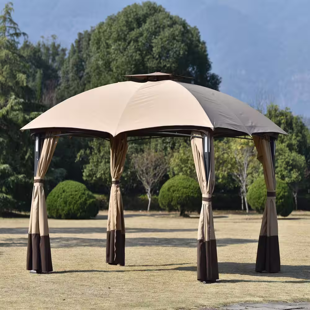 None Dome Top 10 ft. x 12 ft. Beige Outdoor Double Vents Gazebo with Screen and Remote-Controlled LED Lights