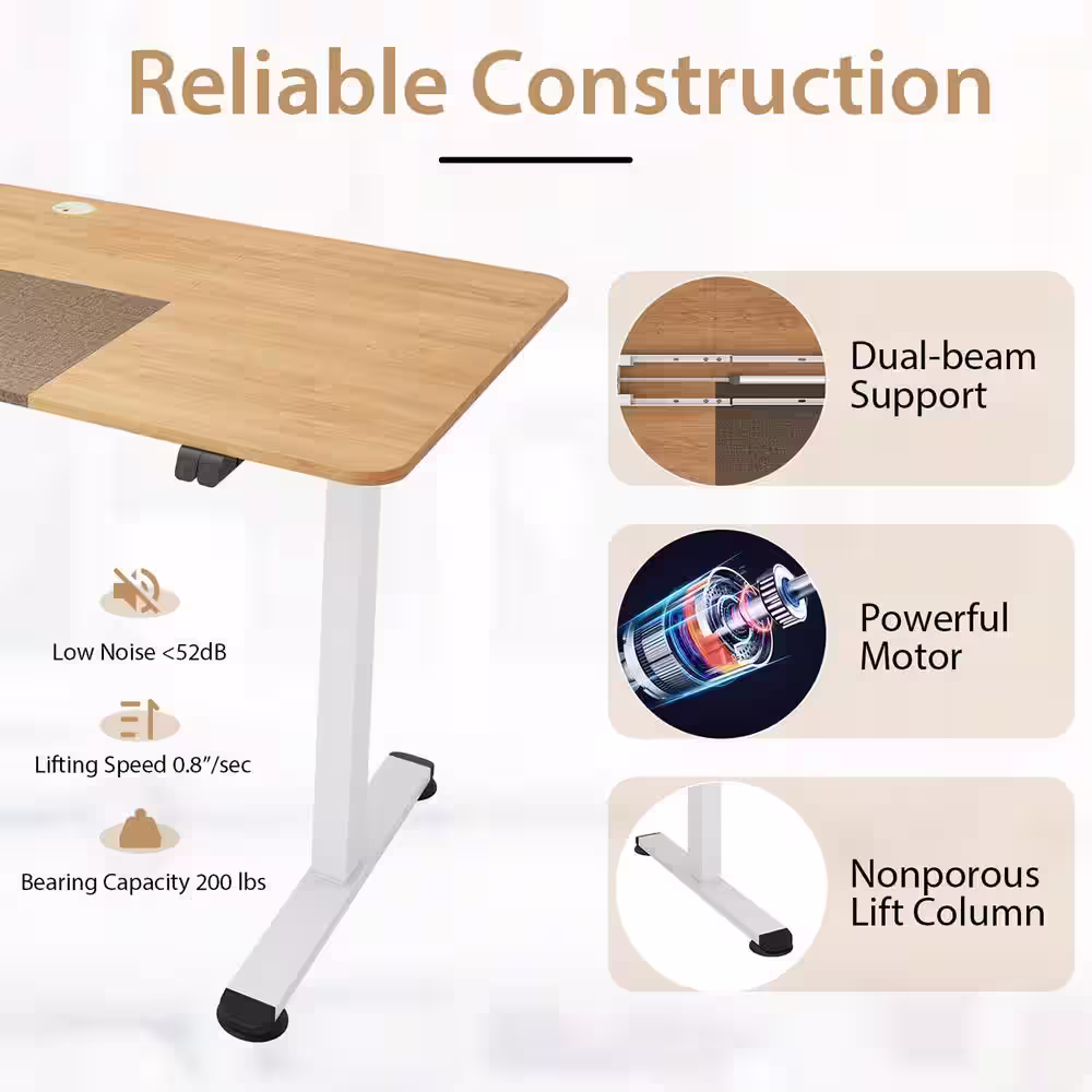 Gymax 55 in. Natural Electric Standing Desk Height Adjustable Home Office Table with Hook