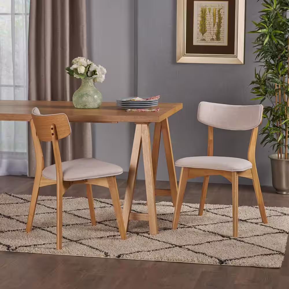 None Abrielle Light Beige and Natural Oak Fabric Dining Chairs (Set of 2)