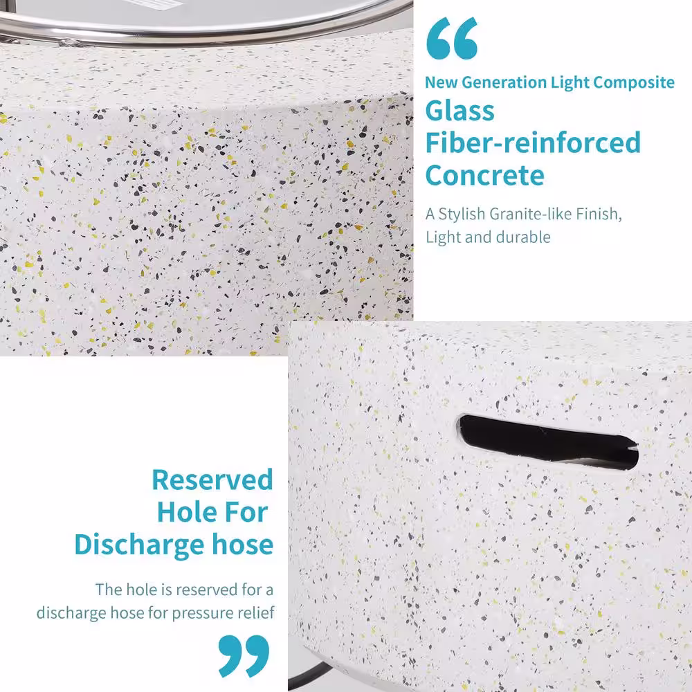 None 41 in. 50000 BTU Elegant White Round Composite GRFC Fire Pit Table with Glass Wind Guard and Water-Resistent Cover