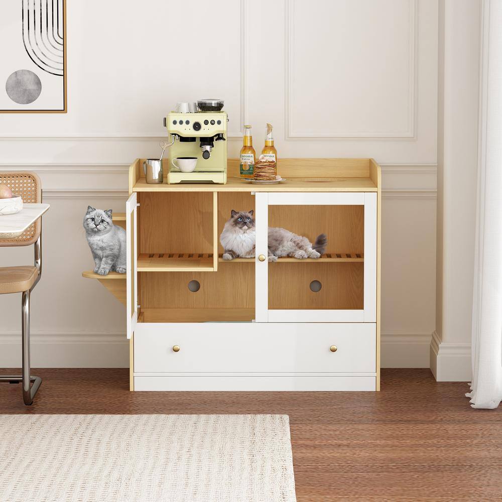 None XL Large Cat Litter Box Furniture Hidden, Cat Cabinet Nightstand Side Table with Large Drawer and Stairs, White with Log