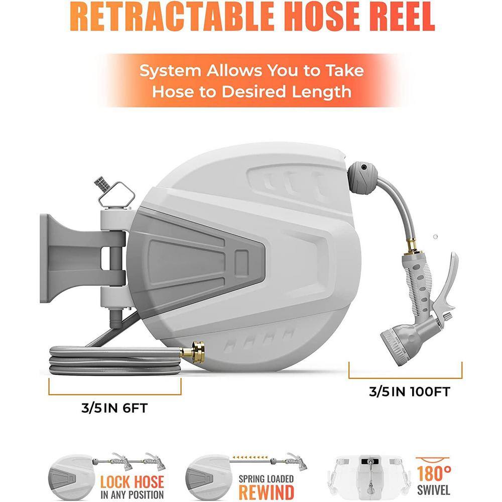 None 1/2 in. Dia x 100 ft. Wall Mounted Hose Reel with 9-Function Sprayer Nozzle