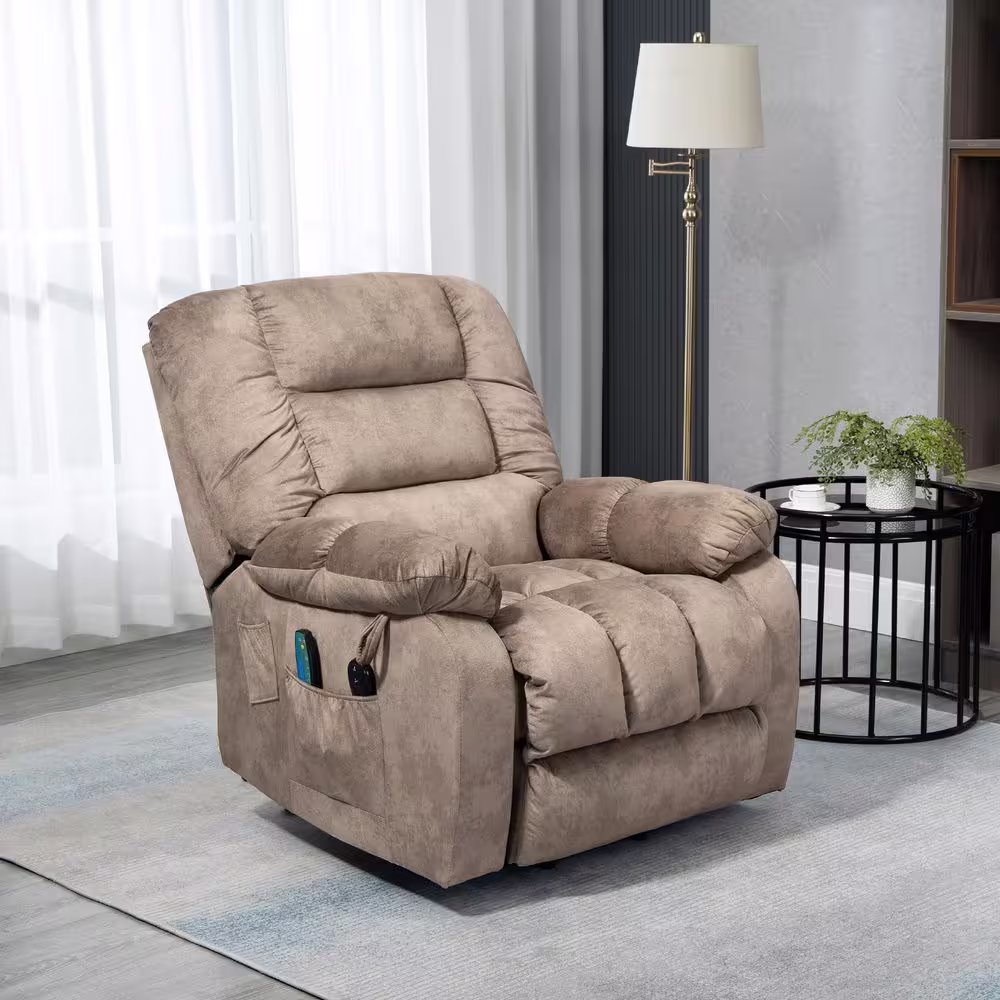 KINWELL Camel Chenille Fabric Power Electric Lift Vibration Massage Heating Overstuffed Breathable Recliner with Side Pocket