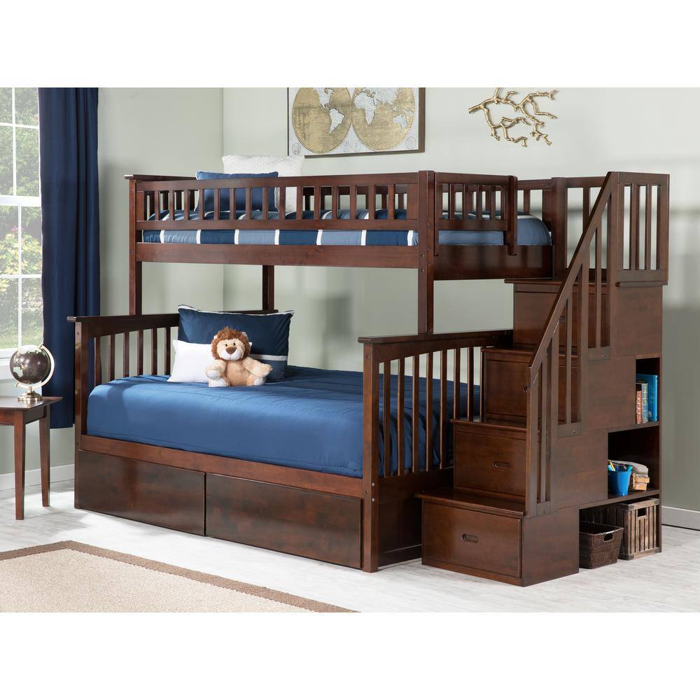 AFI Columbia Staircase Walnut Twin Over Full Bunk Bed with 2-Urban Bed Drawers