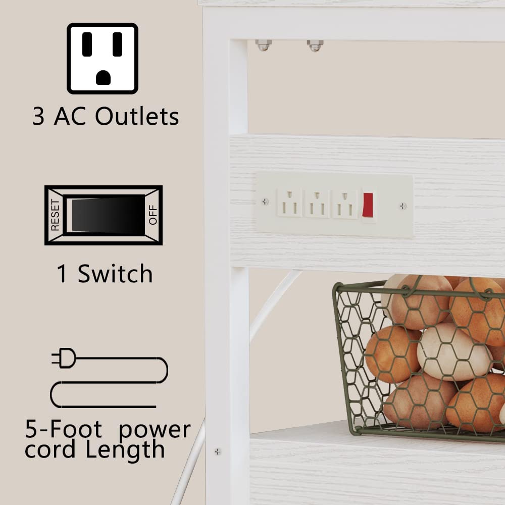 IRONCK Bakers Rack with Power Outlets, Microwave Stand  Kitchen Shelf with Cabinet for Kitchen, Industrial White,Wood and Metal