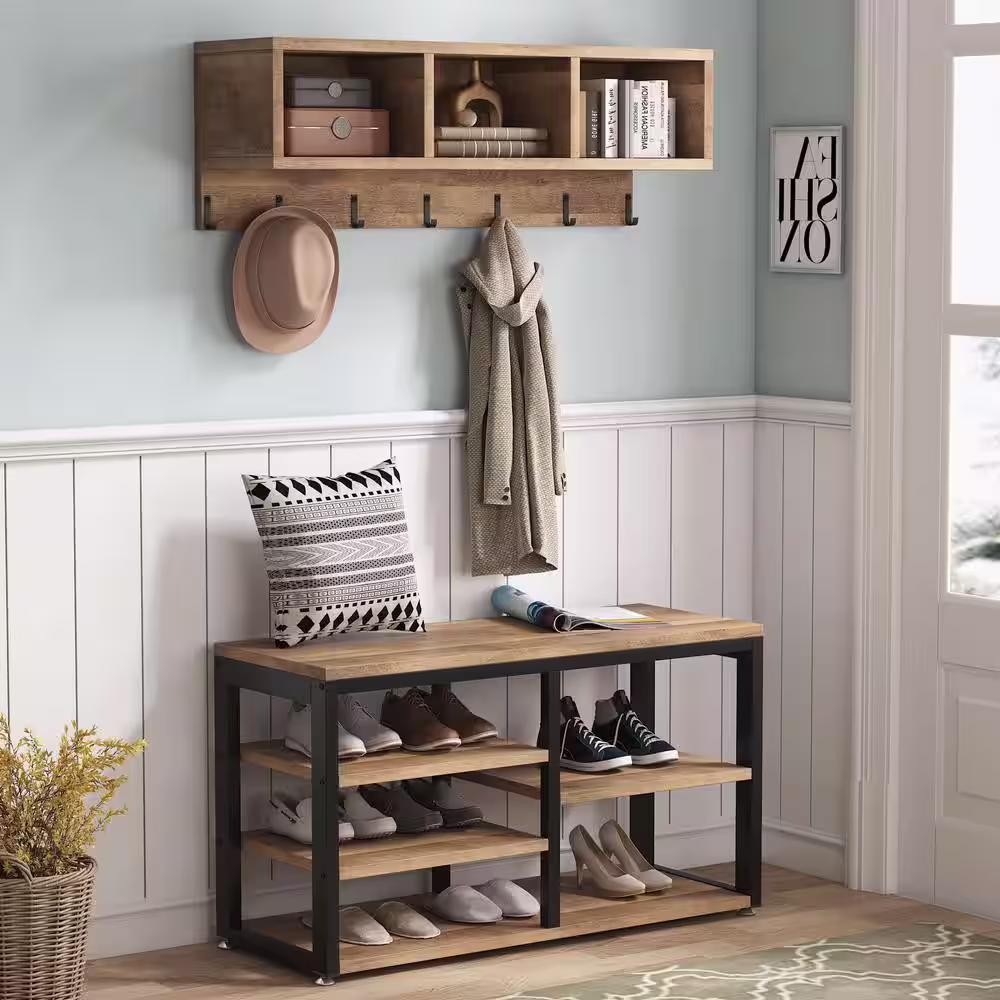 None Howard Coffee Wood 32 in. Shoe Rack with Coat Hooks, Hall Tree with Shoe Bench and Shelves
