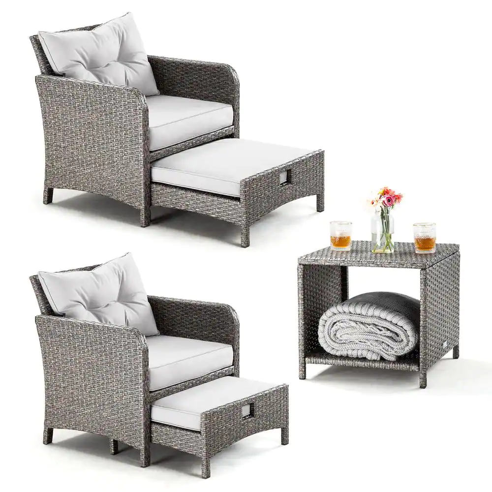None 5-Pieces Wicker Patio Furniture Set Outdoor Patio Chairs with Ottomans, Gray Cushions