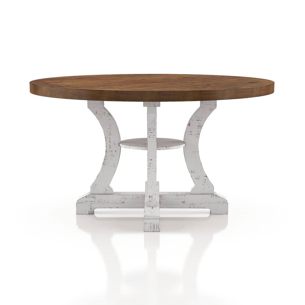 Furniture of America Wicks 54 in. Distressed White and Dark Oak Wood Round Dining Table