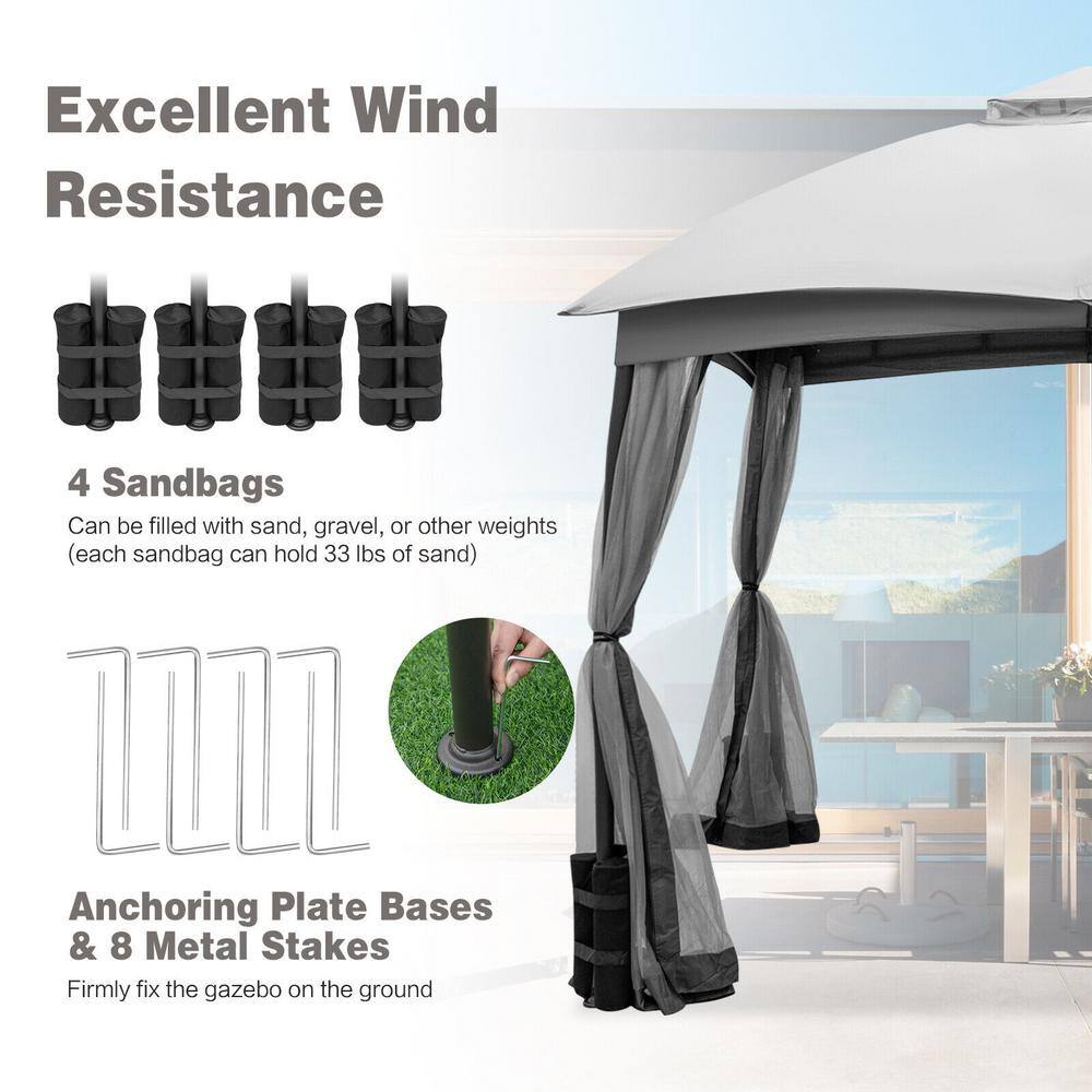 ANGELES HOME 10 ft. x 12 ft. Gray Patio Double-Vent Canopy with Privacy Netting and 4 Sandbags
