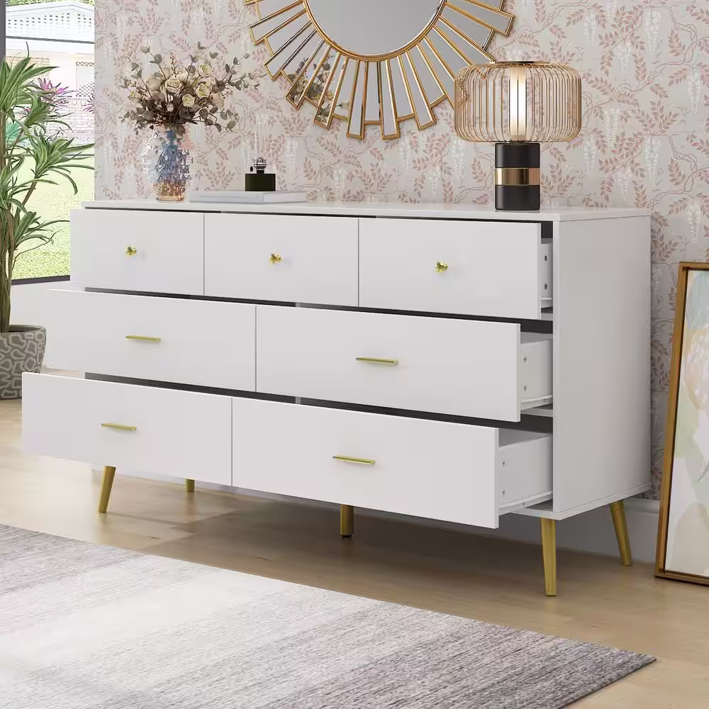 FUFU&GAGA 7-Drawer White Chest of Drawers, 31.5 in H-55.9 in W-15.7 in D