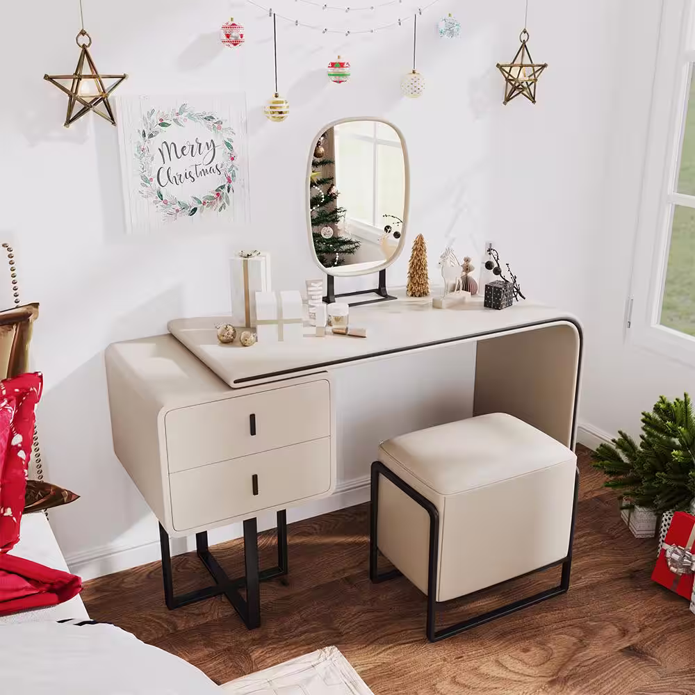 FORCLOVER White Modern Luxury Makeup Vanity Table with Vanity Mirror, 2 Side Drawers and Stool (29.5 in. x 39 in. x 19 in.)