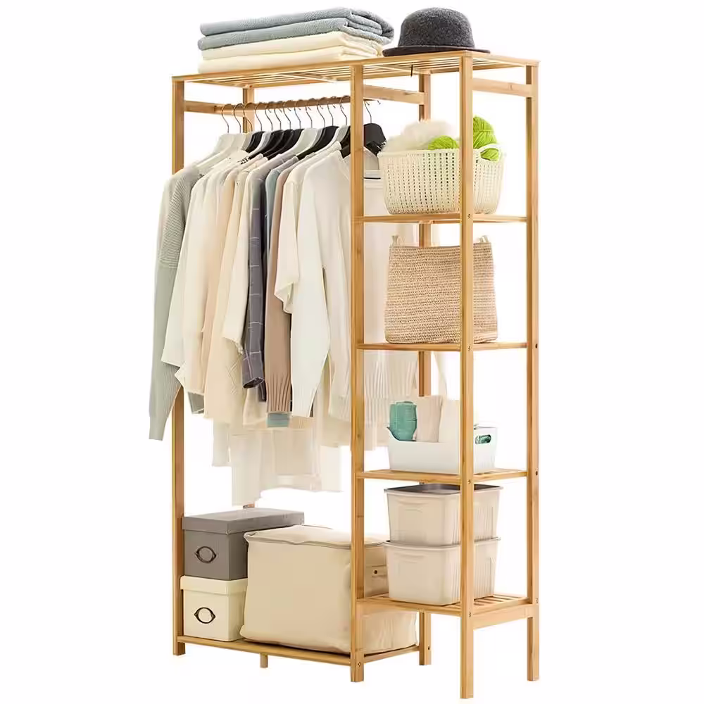 None Brown Bamboo Garment Clothes Rack with 5 Shelves 34 in. W x 57 in. H