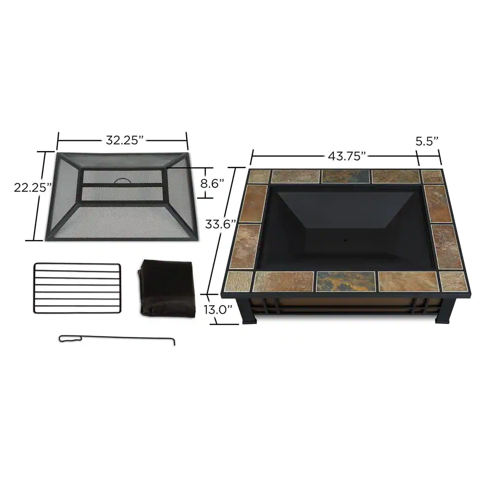 Real Flame Hamilton 44 in. x 13 in. Rectangle Steel and Slate Natural Wood-Burning Fire Pit in Black and Brown with Slate Top