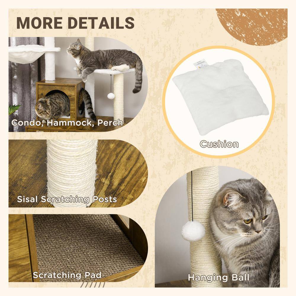 PawHut Litter Box Enclosure with Cat Tree Tower, Hidden Cat Washroom Furniture with Condo, Scratching Posts, Rustic Brown