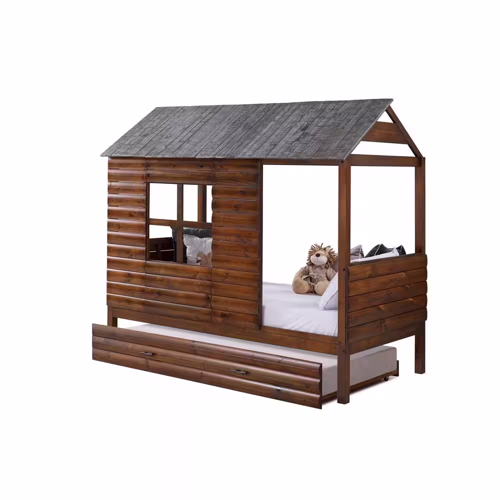 Donco Kids Log Cabin Rustic Walnut and Silver Twin Low Loft Bed with Twin Trundle Bed