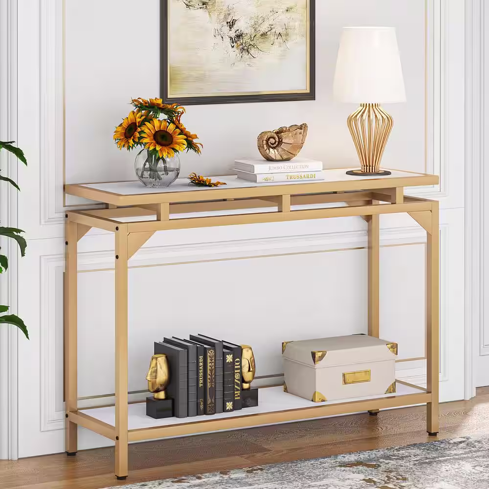 BYBLIGHT Turrella 40 in. White and Gold Rectangle Wood Console Table, Marble Entryway Table with 2 Tier Storage Shelf