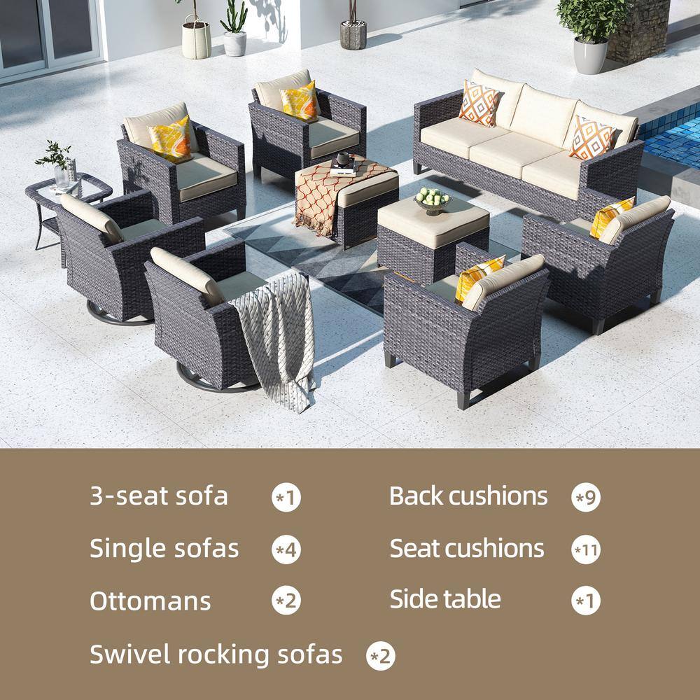XIZZI Megon Holly Gray 10-Piece Wicker Patio Conversation Seating Sofa Set with Beige Cushions and Swivel Rocking Chairs