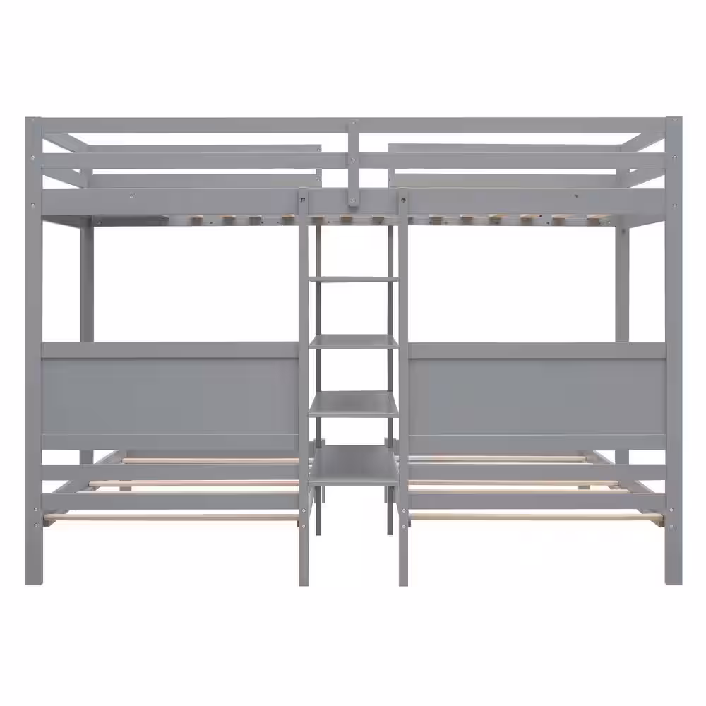 Harper & Bright Designs Gray Twin XL Over Twin and Twin Bunk Bed with Built-in 4 Shelves and Ladder