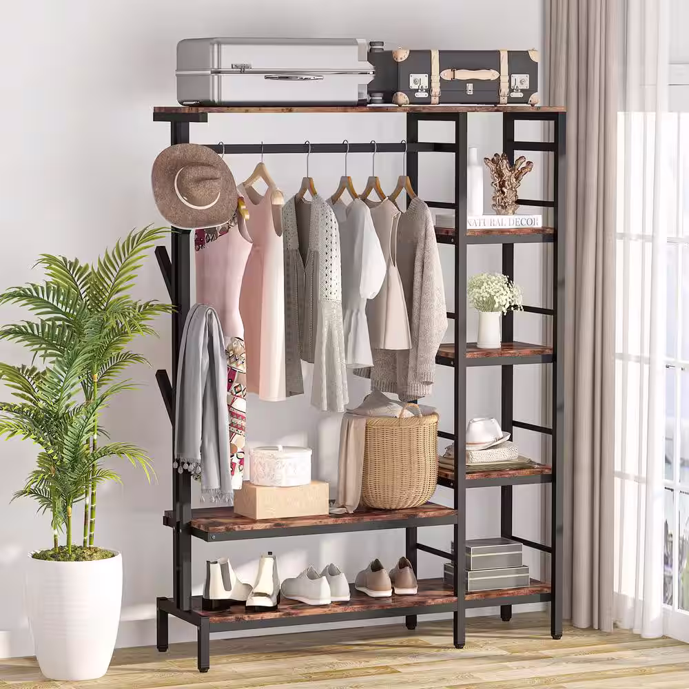Tribesigns Cynthia Brown Freestanding Garment Rack with Storage Shelves Hang Rod and 4 Hooks