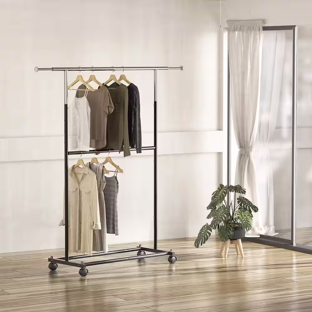 None Black Alloy Steel Garment Clothes Rack Double Rods 30.5 in. W x 64.2 in. H
