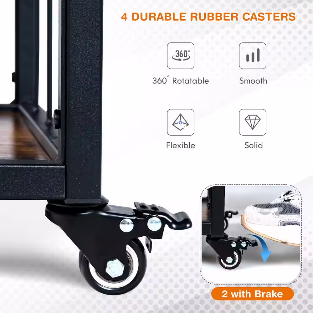 Costway Brown 3-Tier Rolling Kitchen Bar Cart Serving Trolley Wine Rack Removable Tray