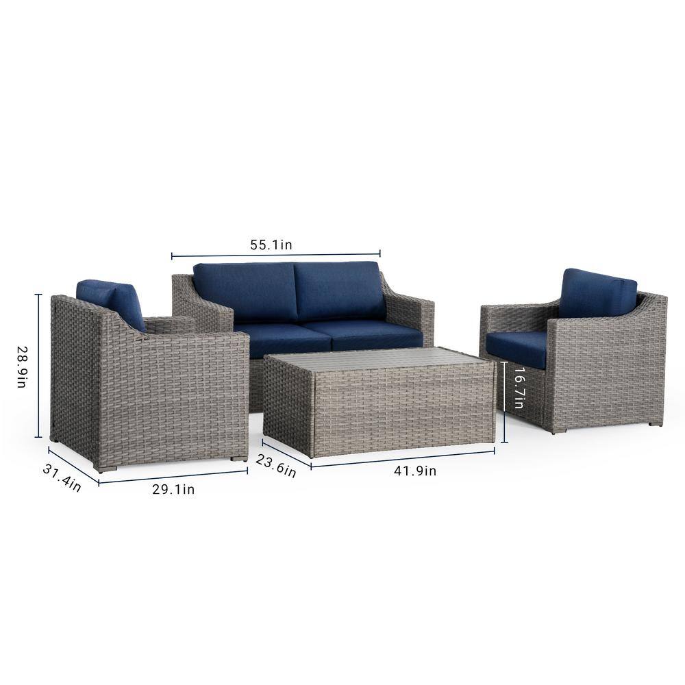 None 4-Piece Wicker Patio Conversation Set with Blue Cushions