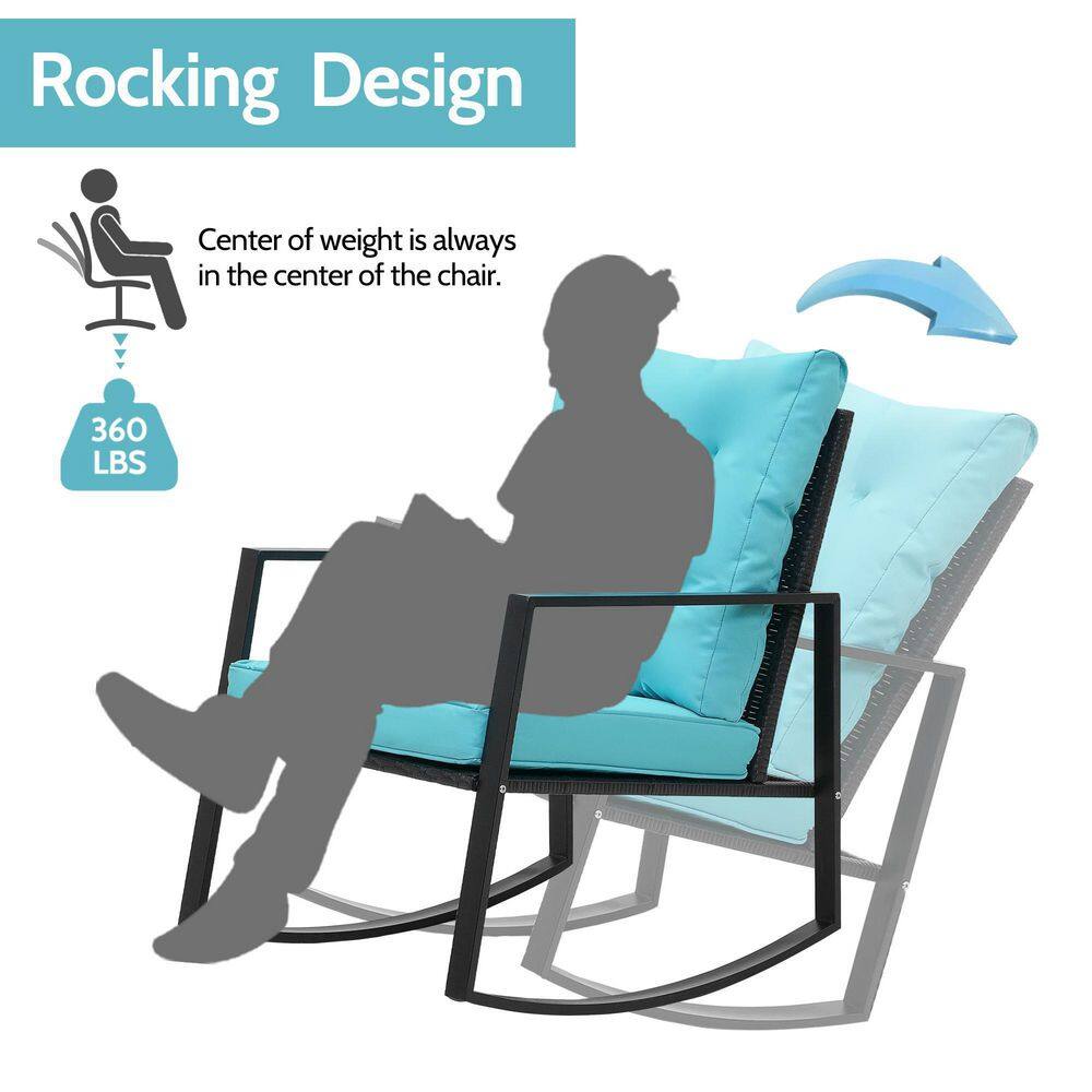 None Black 3-Piece Wicker Rocking Patio Conversation Set Sky Blue