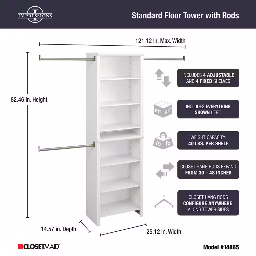 ClosetMaid Impressions Premium 60 in. W - 120 in. W White Wood Closet System