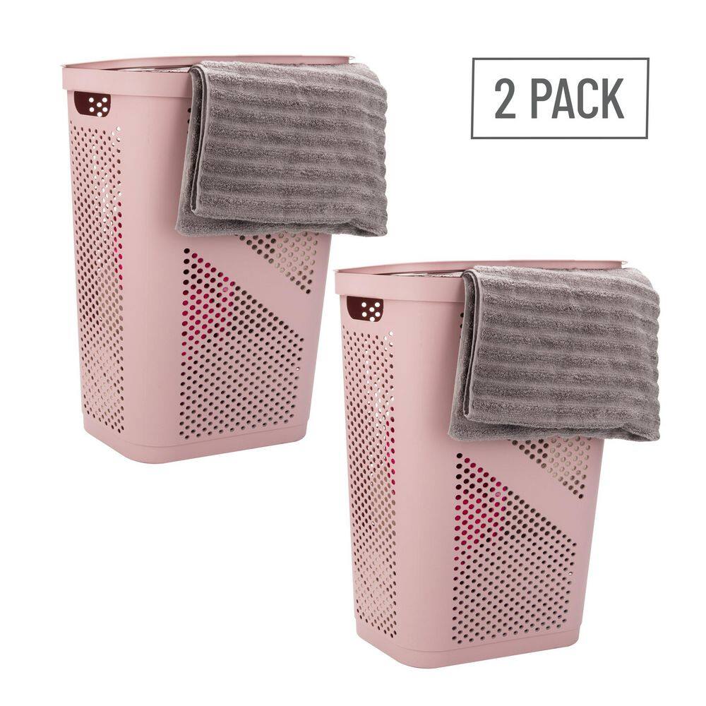 Mind Reader Basket Collection Laundry Hamper, 60 Liter (15kg/33lbs) Capacity, Cut Out Handles, Attached Hinged Lid, Set of 2, Pink