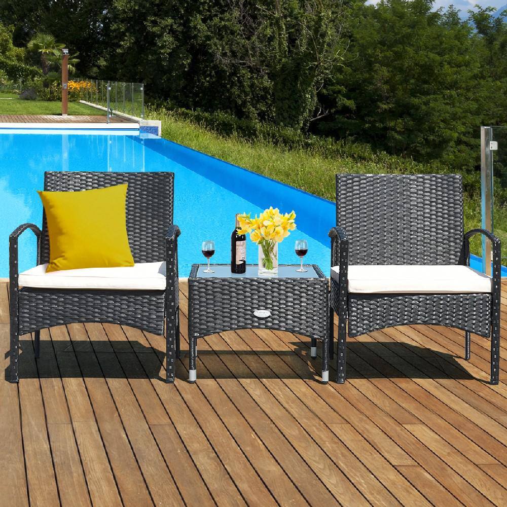 Costway Black 3-Piece Rattan Wicker Patio Conversation Set Table and 2 Chair with Beige Cushions
