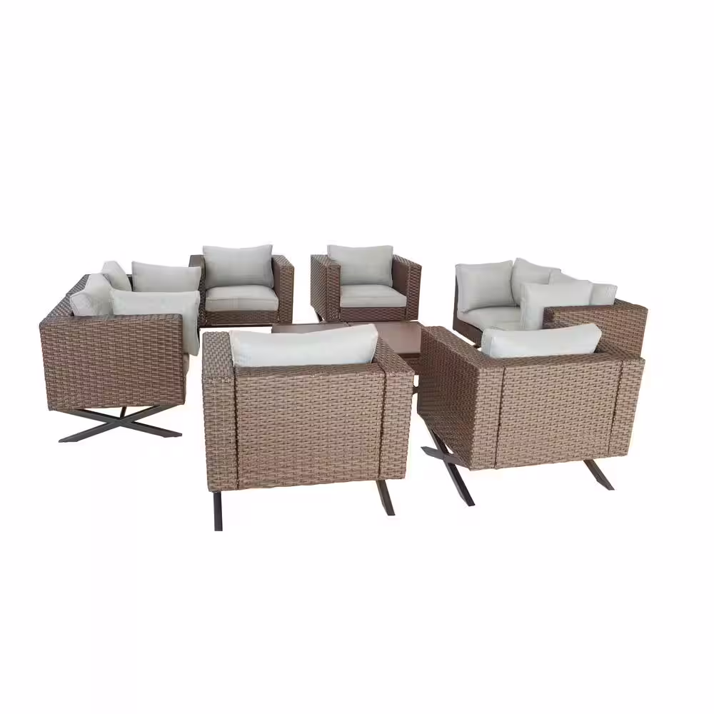 Patio Festival X-Leg 10-Piece Wicker Patio Conversation Sectional Seating Set with Gray Cushions