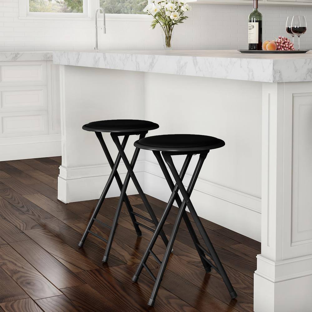 Trademark Home Black Steel Padded Seats Folding Bar Stools 24 in. Set of 2