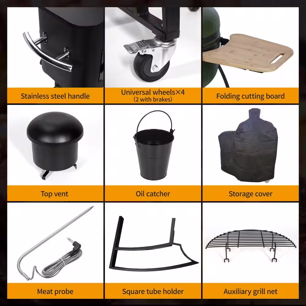 None 24 in. 4-in-1 Smoked Ceramic Pellet Grill in Dark Green with 19.6 in.  Dia Gridiron Double Ceramic Liner