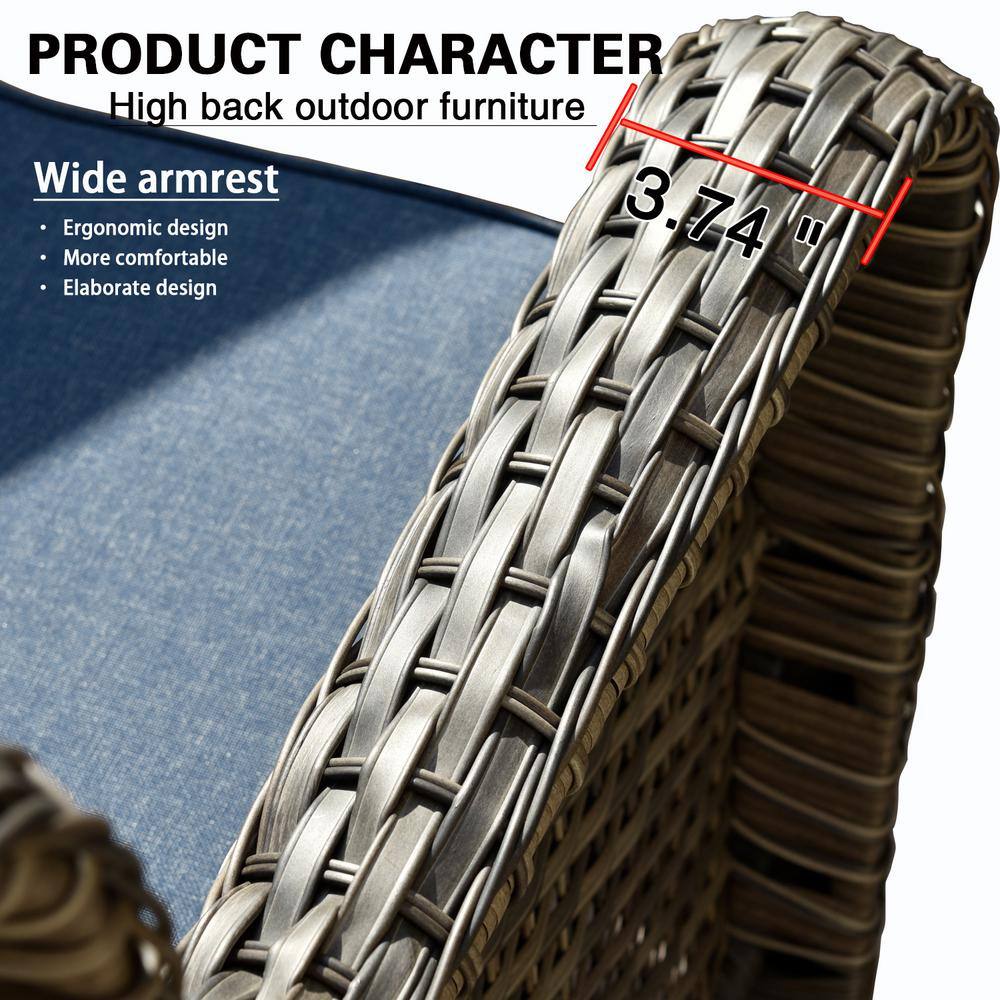 OVIOS Joyoung Gray 5-Piece Wicker Patio Conversation Seating Set with Denim Blue Cushions