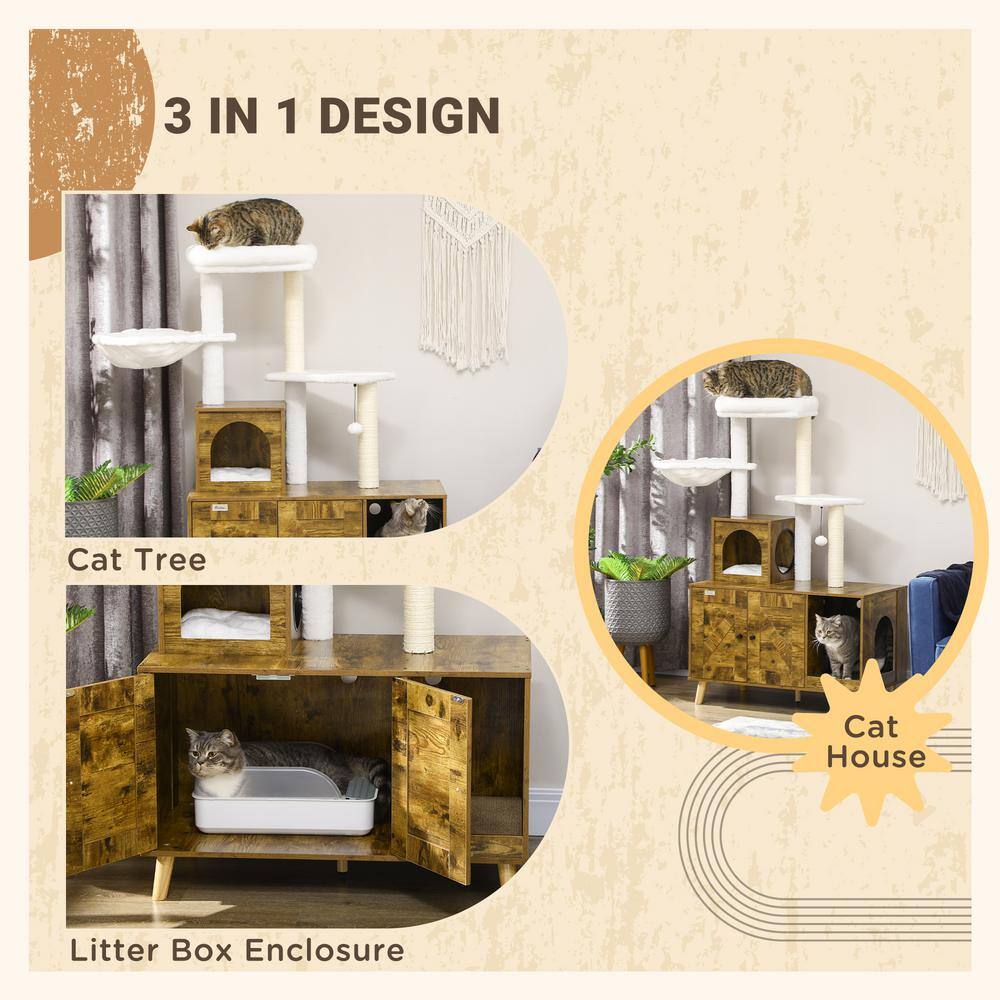 PawHut Litter Box Enclosure with Cat Tree Tower, Hidden Cat Washroom Furniture with Condo, Scratching Posts, Rustic Brown