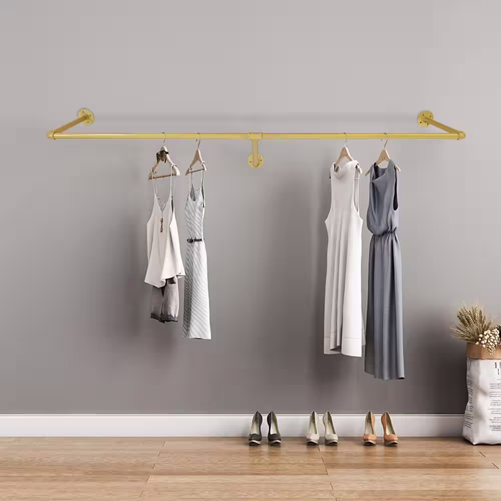 None Gold Iron Industrial Pipe Wall Mounted Clothes Rack Wedding Dress Bridal Garment Rack 11.8 in. W x 47 in. L