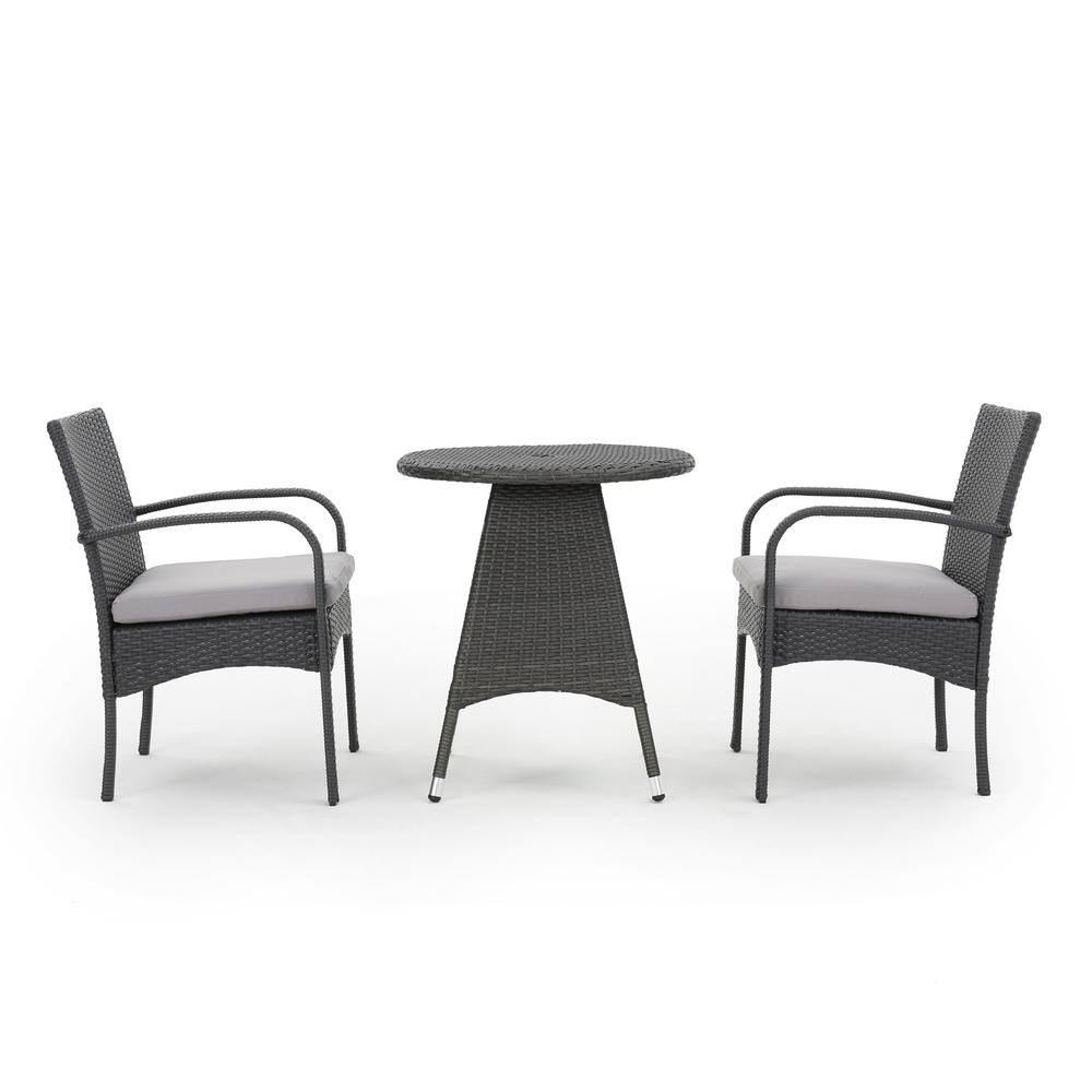 Noble House Gray 3-Piece Faux Rattan Round Outdoor Bistro Set with Gray Cushions