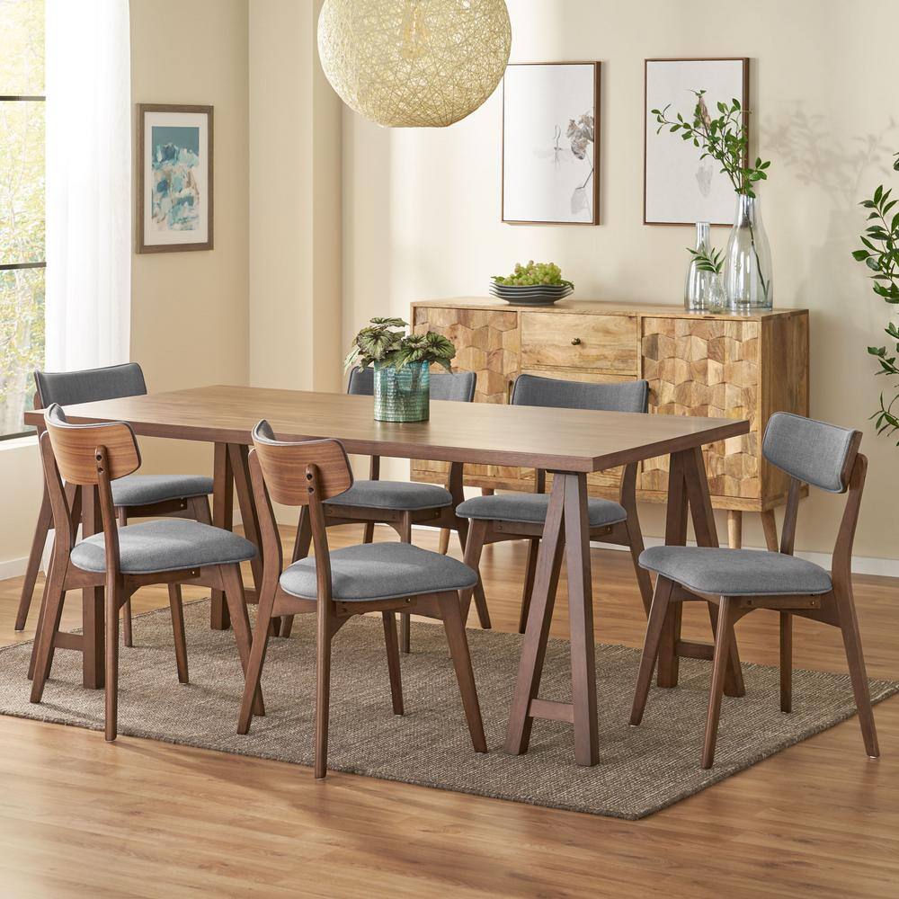 Noble House Chazz 7-Piece Rectangle Wood Top Dark Grey and Walnut Standard Height Table Set